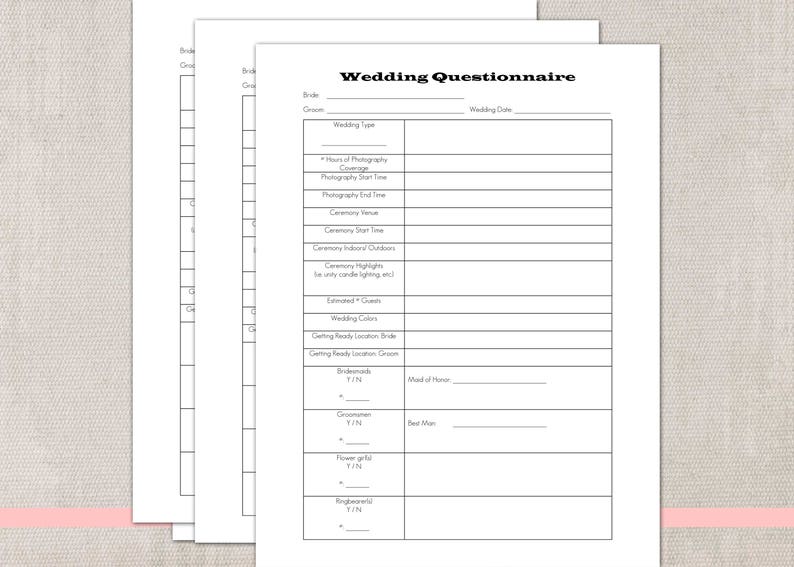 Wedding Photographer Questionnaire Template