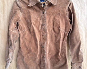 Vintage 90s GAP Brown Suede Leather Button Up Shirt Jacket | Womens Size Small | Y2K Western Boho | Camel Tan | Long Sleeve Top