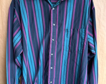 Vintage Gitman Bros. Striped Button Down Shirt | Men’s Size Large | Made in USA | 90s Streetwear Aesthetic | Teal, Purple, & Grey