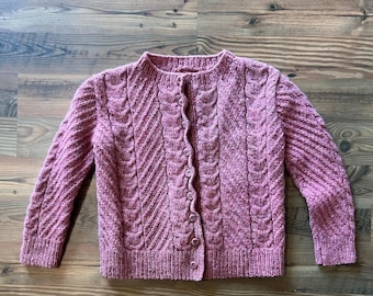 Vintage Cableknit Cardigan - Pink Woolen Cardigan-  Colorful Spring Sweater Size SMALL/MEDIUM