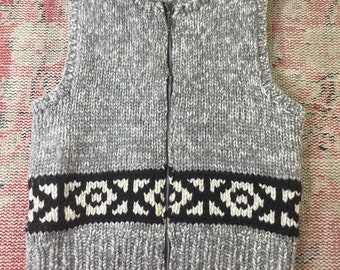 Vintage Wool Handmade Knitted Vest - Gray - Black - Zip Up - Western - Boho - Bohemian