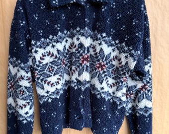 Vintage 90s Tapemeasure Fleece Jacket | Navy Blue & White Nordic Snowflake Teddy Coat | Cozy Winter Sherpa Shacket | Size Large