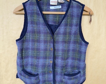 Vintage 90s Crossroads Plaid Vest | Blue Purple Green Button Down Waistcoat | Acadia Gorpcore Cottagecore Sleeveless Cardigan Jacket | Size