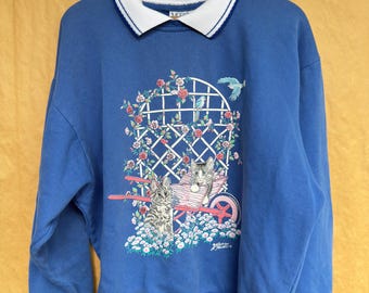 Bluza z kapturem i kołnierzykiem z kotem w stylu vintage z lat 90. z motywem poranka i słońca | Mały, duży, niebieski sweter z grafiką z kotkiem ogrodowym | Okrągły dekolt Cottagecore Grandma