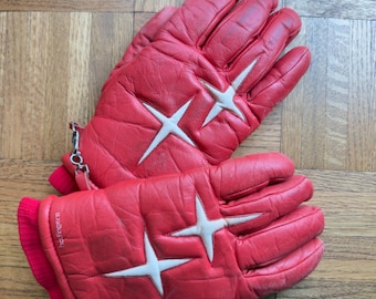 Vintage XL 80s Hotfingers Red Leather Ski Gloves with White Star Appliques | Winter | Snowboard | Puffy Mittens | Gorpcore
