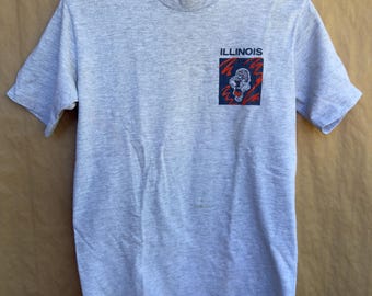 Vintage 90s University of Illinois Fighting Illini Graphic T-Shirt | Retro Heather Gray College Tee | Size Medium