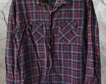 Vintage Flannel Unisex size  Large -  Blue and Red Flannel -Indie - Retro - Grunge - Button Front- Plaid- Hip hop -