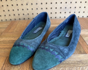 Vintage 90s Forest Green Suede Ballet Flats | Two-Tone Colorblock Skimmers with Zig-Zag Stitching | The Leather Collection | Size 6