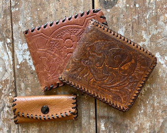 Tooled Leather Wallet and Key Holder Set - Two Western Billfolds and Three Key Wallet