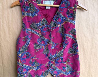 Vintage 90s Casual Corner Silk Vest | Magenta Scarf Print Waistcoat with Tassels & Ropes | Size Medium