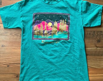 Vintage Aqua Blue Graphic T- Shirt Single Stitch Reno Nevada Tee Size LARGE