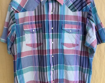 Vintage 80s Wrangler Button Up | Cowboy Cut Pearl Snap Shirt | 17.5 XL | Short Sleeve | Pastel Plaid | Western X-Long Tails | Made in USA