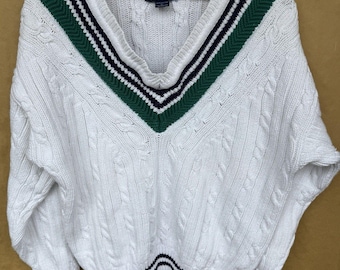 Vtg GANT Cricket Sweater Mens L White Cable Knit V-Neck Tennis Varsity Stripe