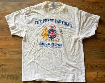 Vintage White Single Stitch Tee - The Penny Farthing - Union Jack T Shirt - Size LARGE