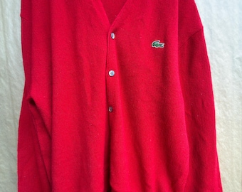 Vintage Izod Lacoste Red Cardigan Sweater | XL |Classic V-Neck Knit Button Up Crocodile Logo | Unisex Oversized Preppy | Made in USA