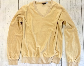 Vintage Velour Pullover - Yellow V Neck Sweatshirt 90’s Fashion