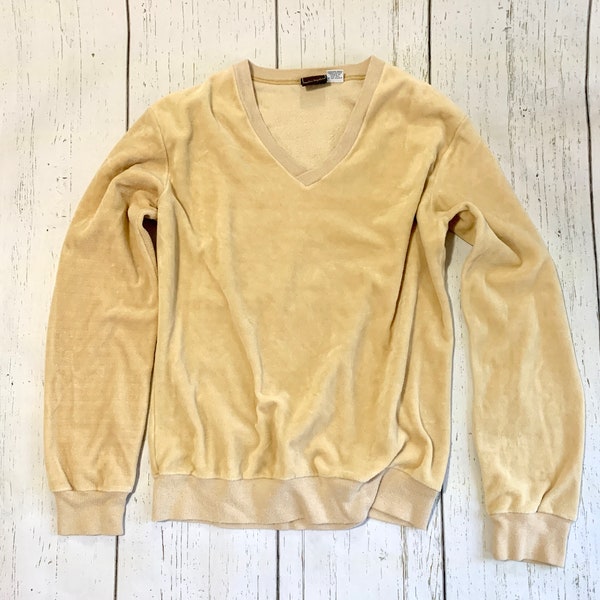 Vintage Velour Pullover - Yellow V Neck Sweatshirt 90’s Fashion