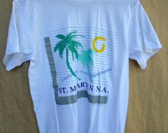 Vintage 1989 St Maarten T Shirt | Size Small Single Stitch Graphic Tee | 1980s | Caribbean Tourist Travel | Beach