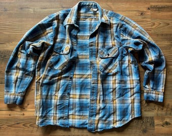 Vintage Cotton Flannel Shirt - Blue Plaid Button Front Size M/ L