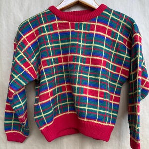 Vintage 90s Tangiers Kids Plaid Sweater - Childrens Size Large - 10/12 - Colorful Geometric Knit Crewneck - Retro Red Green Blue - Wool