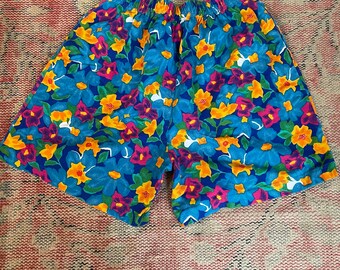 Vintage Floral Elastic Shorts - Size Large - Blue - Pink - Yellow - Cotton Shorts - Made in USA