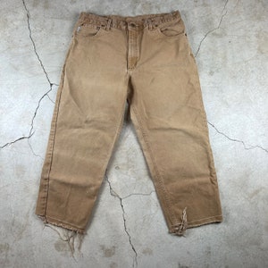 Vintage Made in USA Carhartt Work Pants - Size 38 - Khaki - Work Wear - Distressed - Made in USA Original - Cropped - Cut Off - Angle Length