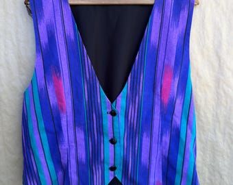 Vintage 80s Ikat Stripe Vest | Whimsical Purple Blue Teal Artisan Waistcoat | Boho |