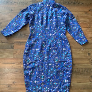 Vintage Silk Cheongsam Dress: Blue & Pink Floral Mandarin Collar, XS