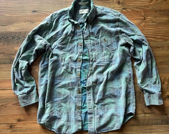 Vintage Corduroy Button Up Shirt - Orvis Green and Blue Oversized Flannel Size MEDIUM