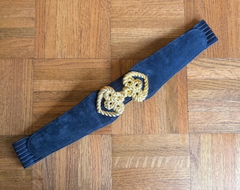 Vintage GEORGION Navy Blue Suede Statement Belt with Large Gold Rope Knot Buckle | Maximalist 80s Style