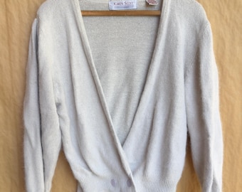 Vintage 80s Karen Scott White Knit Wrap Cardigan | Angora Silk Blend | V-Neck Sweater | Size Medium | Cream |Slouchy Balloon Sleeve