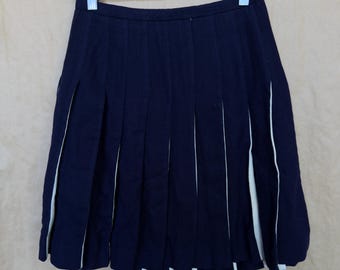 Handmade Vintage 60s Navy Wool "Fly Away" Pleated Mini Skirt | Contrast Cream Kick Pleats | Dark Academia | Collegiate Style | Small