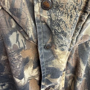 K&ouml;nnte beinhalten: Nahaufnahme einer Tarnjacke mit drei sichtbaren Metallkn&ouml;pfen. Die Jacke weist ein Muster aus Braun, Beige und Schwarz auf, mit einem Knopfverschluss. Der Stoff scheint ein strapazierf&auml;higes, m&ouml;glicherweise Canvas-Material zu sein.