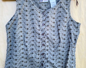 Vintage 90s  Floral Tank Top | Grey & Brown | Button Down Sleeveless Blouse | Cotton |Grunge | Fairycore Cami | Size Medium M 8/10