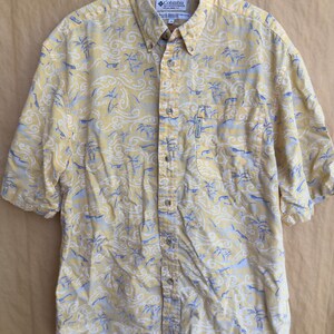 Vintage 90s Columbia Sportswear Tropical Print Button Down Shirt | Size Medium | Yellow  Blue Novelty Wave Pattern with Sharks & Palm Trees