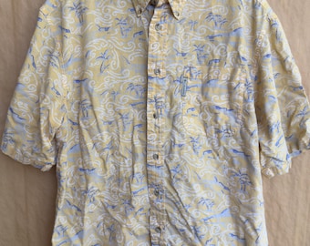 Vintage 90s Columbia Sportswear Tropical Print Button Down Shirt | Size Medium | Yellow  Blue Novelty Wave Pattern with Sharks & Palm Trees
