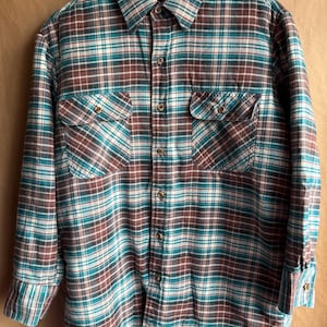 Vintage Flannel Jacket - Size Large - XL - Quilted lined - Plaid - Brown - Blue