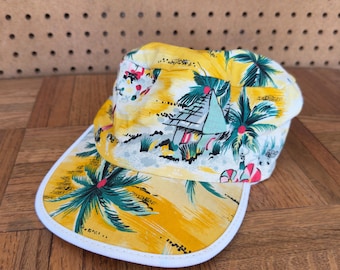Vintage 90s Dorfman Pacific Hawaiian Print Camper Hat | Retro Yellow Tropical Beach 5-Panel Cap | Surfboard & Palm Tree Summer
