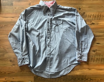 Vintage westernskjorta i chambray och gingham - Hall Prest Perma Press Button Up - Storlek XL