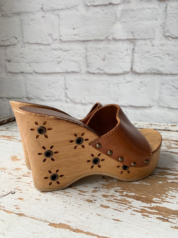 Vintage Wooden Rivet Wedge Sandals-Leather Paris … - image 1