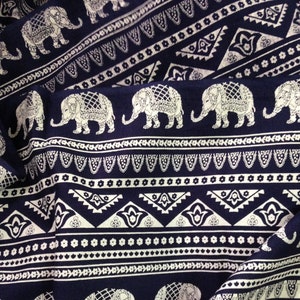 Elephant Print Fabric, Boho Fabric, By the yard, Alternate Elephant Print, Dark Navy and White, Indian Cotton, Indian Elephant, Folk print