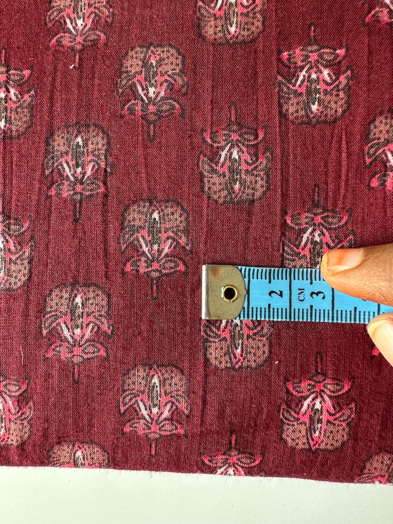 Maroon Hand Block Printed Cotton, Holiday Print, Madder dyed fabric, Combination block print fabric 170 cms Cuts, Indian cambric Cotton image 5