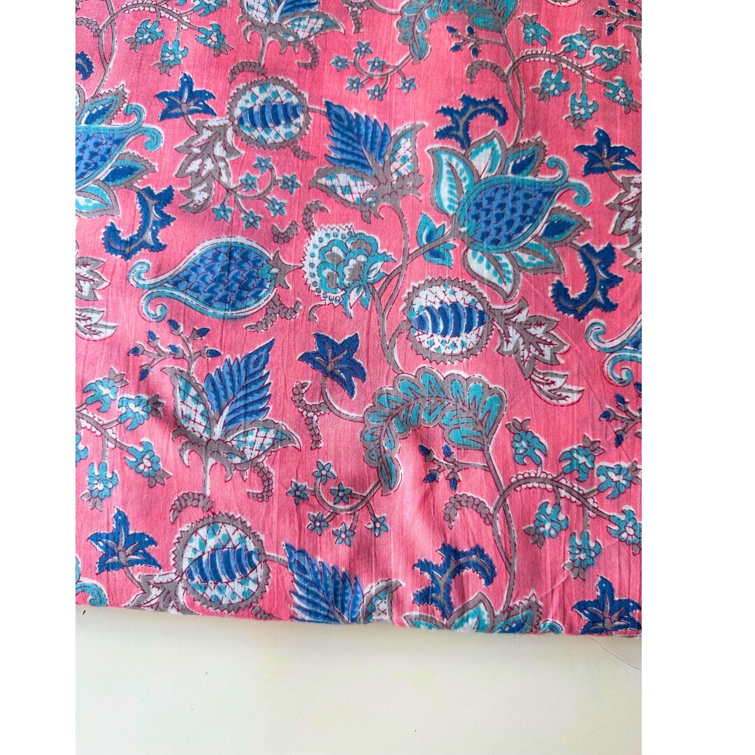 Hand Block Printed Flower Design Print Fabric in Blue and Etsy