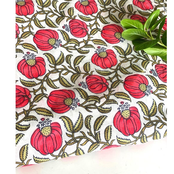 Indian Cotton Fabric, Bewildered Poppies, Red and green floral print, Fabric by the yard, Sewing and Quilting fabric, Dressmaking Fashion