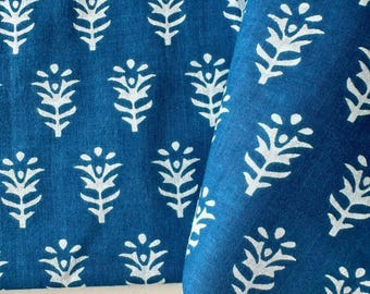 Teal Blue White Floral Hand Block Printed Indian Cotton Fabric by Yard, Quilting Sewing Fabric, Dressmaking, Fabric Wholesale