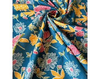 Hand Block Print, Indian Cotton Fabric, By The yard, Hand Stamped Printed Cambric, Teal Blue Peony Floral Print, Sewing Quilting Home fabric