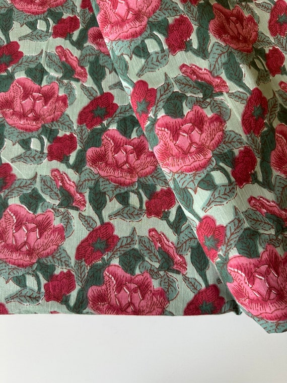 Floral Rose Print Cotton, Printed Cotton Fabric, Sage green printed fabric, Indian Coton, 2 Yard, 200 cm Artisan fabric, Dress making Fabric