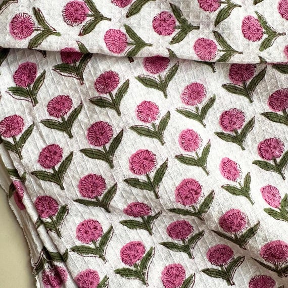 WAFFLE Check Cotton Fabric, Waffle Pique Weave In Hand Block Printed Floral Fabric, Soft Ridges, Dries Fast, Medium Density, 58 INCH WIDTH,