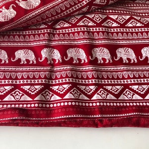 Elephant Print Fabric, Boho Fabric, 1. 30 yard remnant, Alternate Elephant Print, Red and White, Indian Cotton Elephant, Bohemian Fashion