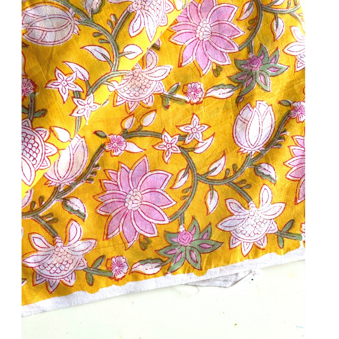 Hand Block Printed Fabric Yellow and pink floral Cotton | Etsy